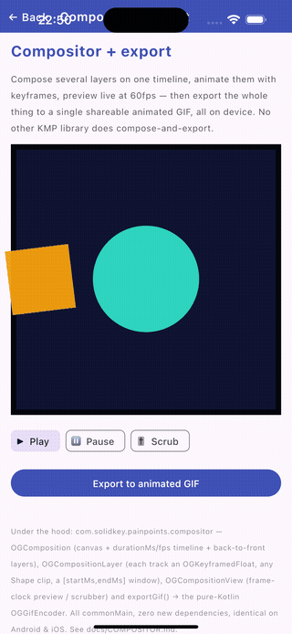 The same on-device compositor on an iOS simulator — identical Compose Multiplatform code, the same keyframed multi-layer scene playing on one timeline