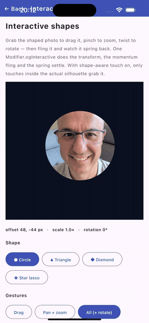 The same interactive shape on an iOS simulator — identical Compose Multiplatform code, the shape-clipped photo panning, zooming, rotating and springing back