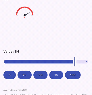 The same runtime-editable SVG gauge on an iOS simulator — identical Compose Multiplatform code, the needle and zones following the same overrides map