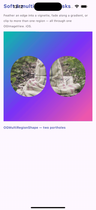 The same soft & multi-region masks screen on an iOS simulator — a photo's circular edge breathing into a feathered vignette, a gradient fade, and two circular portholes, identical Compose Multiplatform code