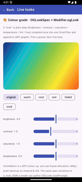 Live looks on Android — a gradient-and-disc graphic re-graded live as the preset cycles through warm, cool, noir (black & white), faded and vivid, the brightness / contrast / saturation / temperature sliders moving with it