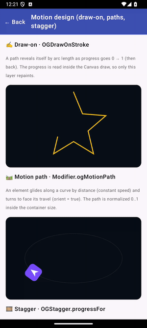 Motion design on Android — a gold five-point star drawing itself on stroke by stroke (OGDrawOnStroke), while below it a purple arrow glides around an oval path and turns to face its travel direction (Modifier.ogMotionPath)
