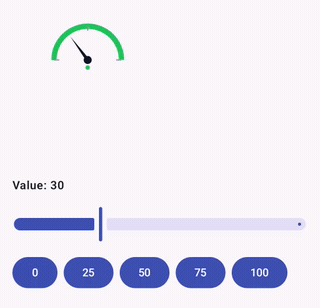 Runtime-editable SVG on Android — a live gauge whose needle rotates and whose arc and status dot recolour green→amber→red as a slider drives an overrides map keyed by node id, with no re-parse