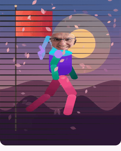 A composed scene on Android — a side-on walk cycle wearing a photo head clipped to a lasso, striding with spring-lagged knees and elbows (follow-through) and a footfall squash, an OGClothStrip scarf fluttering at the neck and an OGCloth flag waving on a pole, as the sun descends and reddens behind the hills and the sky and light shift from day to dusk to night