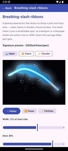 Breathing-slash ribbons on Android — a glowing tapered arc that draws on along a path and breathes, cycling through water, flame and thunder elements with matching droplet / ember / spark particles