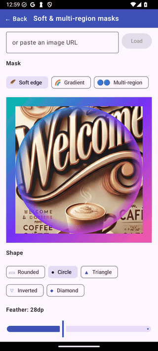 Soft & multi-region masks on Android — a photo whose circular clip edge feathers into a vignette as the feather grows, then a feathered triangle / diamond / rounded rect, then a gradient bottom-fade, then the photo shown through two circular portholes and a diamond with a circular bite removed