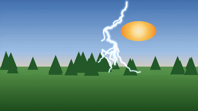 OGStage on Android — one JSON document playing as a movie: a day→night landscape whose sun arcs and sets while the frame grades day→dusk→night, cherry-blossom petals drifting down, and a forked lightning bolt striking the hill, all on one timeline and exported off-screen to this very GIF