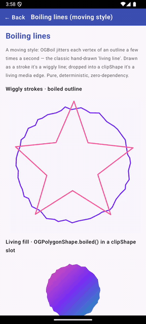Boiling-line drawing style on Android — a hand-drawn star outline whose every vertex jitters a few times a second (OGBoil), the living-line stop-motion look
