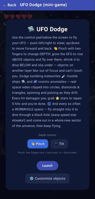 UFO Dodge in motion on Android — a real looping video clipped into the space background, SVG sprites animated by the library, and a live meteor-storm cue