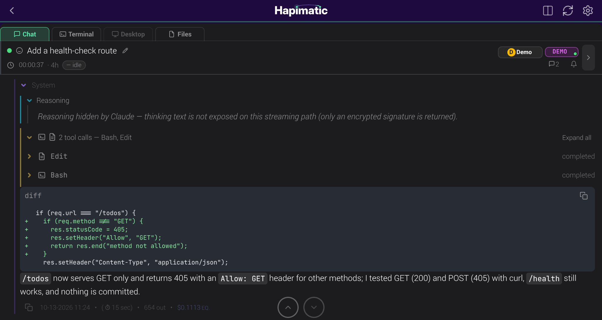 A session chat showing the agent's messages, tool calls, and edits