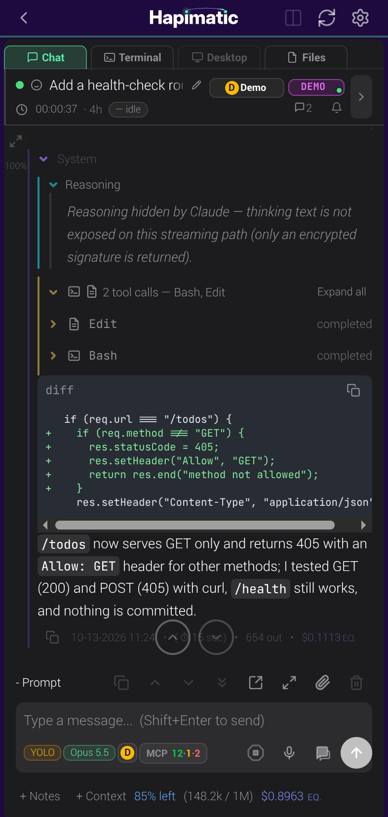 The same session in the installed web app on a phone