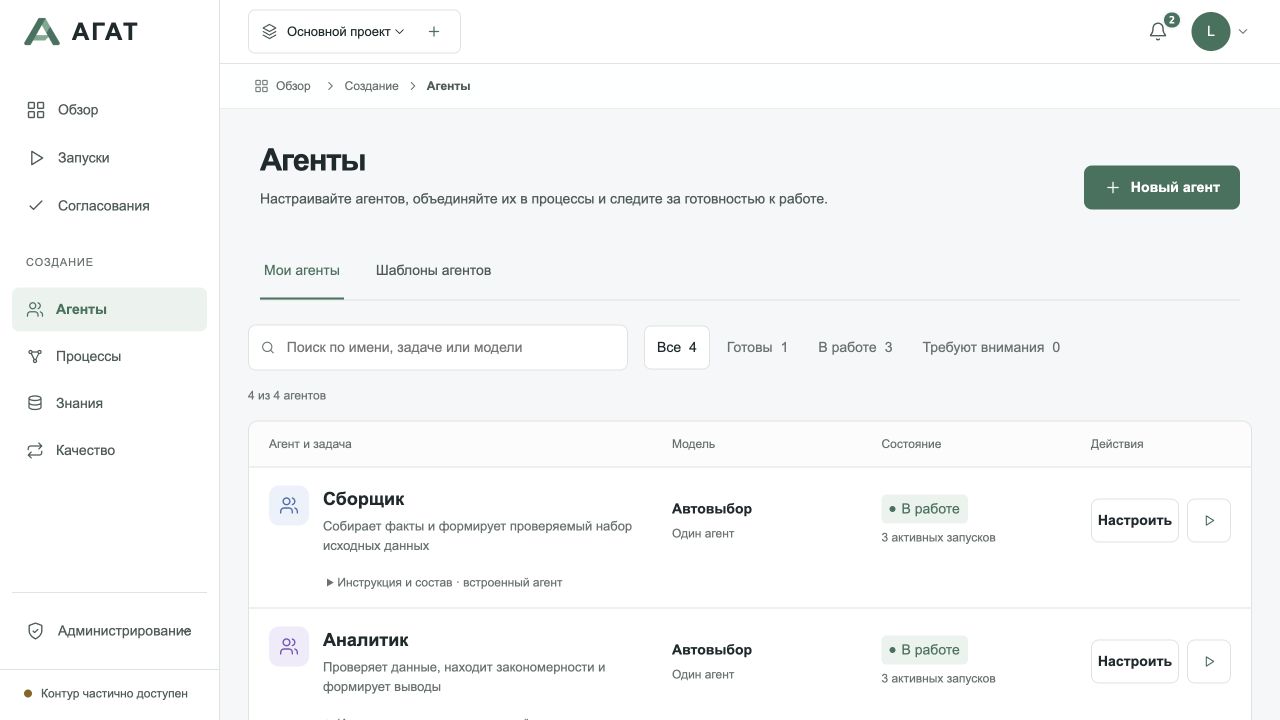Каталог агентов АГАТ: роли, модели, готовность и запуск задачи