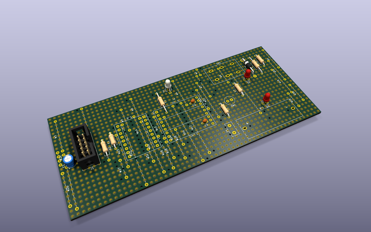 A built board in KiCad's 3D viewer