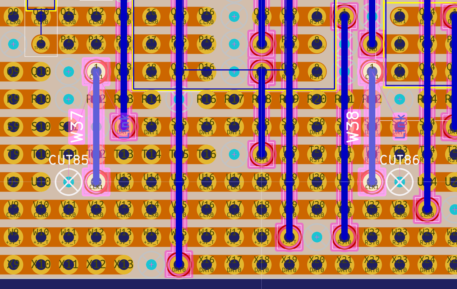 A built board up close: strips, CUT markers and wire links