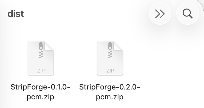The file dialog open on the dist folder, showing StripForge-0.1.0-pcm.zip and StripForge-0.2.0-pcm.zip
