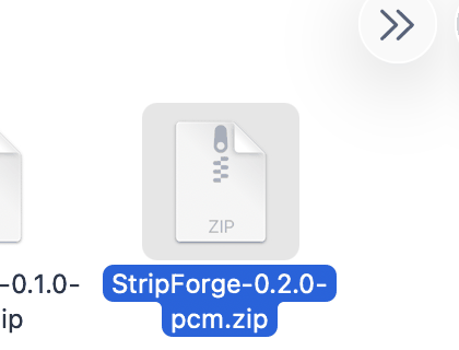 StripForge-0.2.0-pcm.zip selected in the file dialog