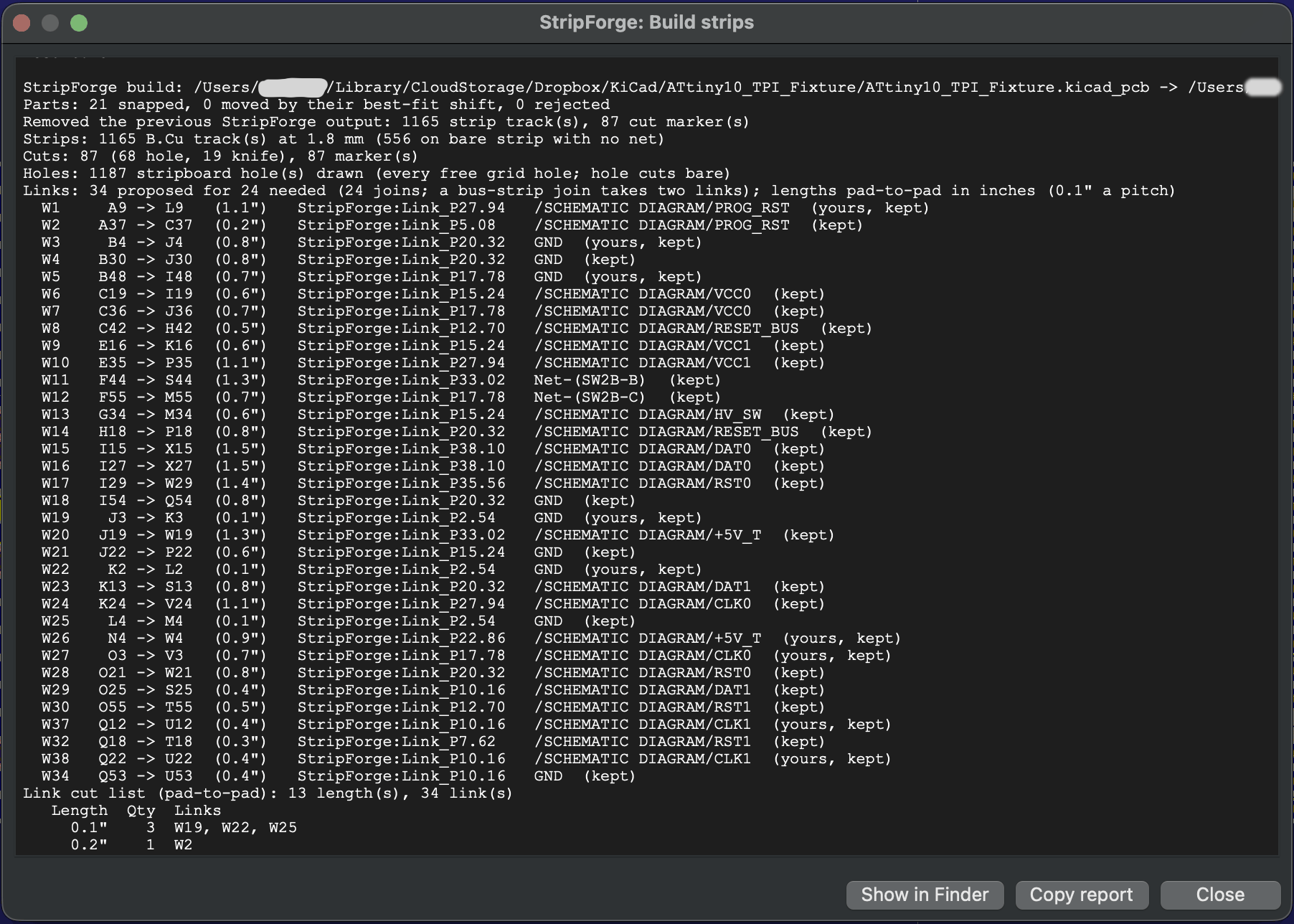 The Build strips report, listing every wire link