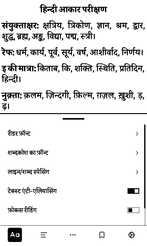 Reader menu over a Hindi page