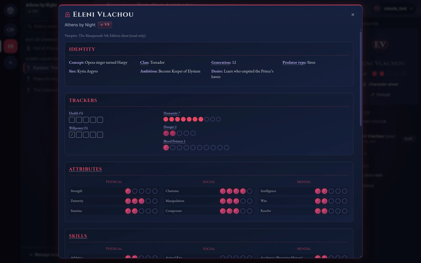 Read-only V5 character sheet