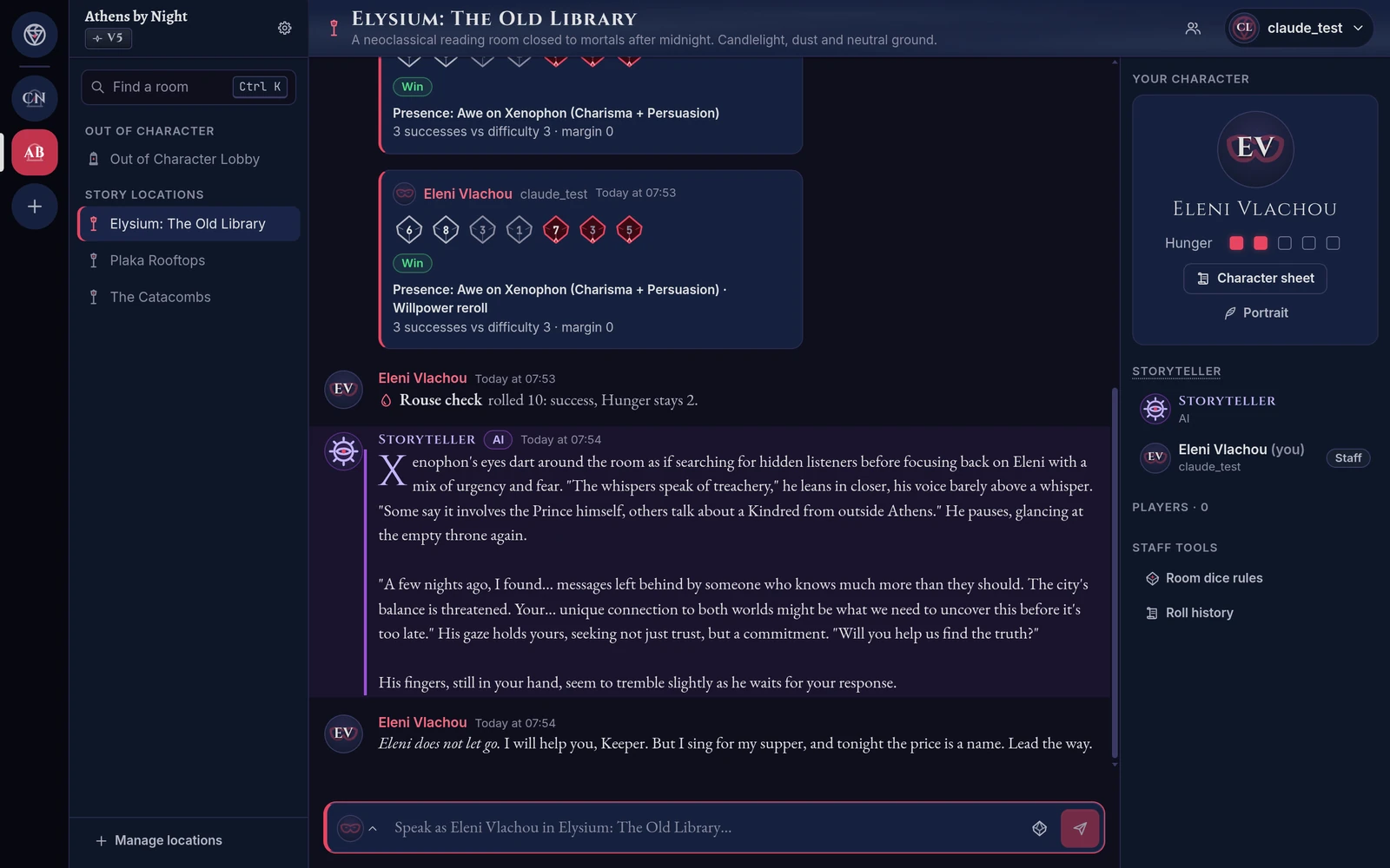 A V5 chronicle in play: dice cards, a Rouse check, the AI Storyteller's reply and the character panel