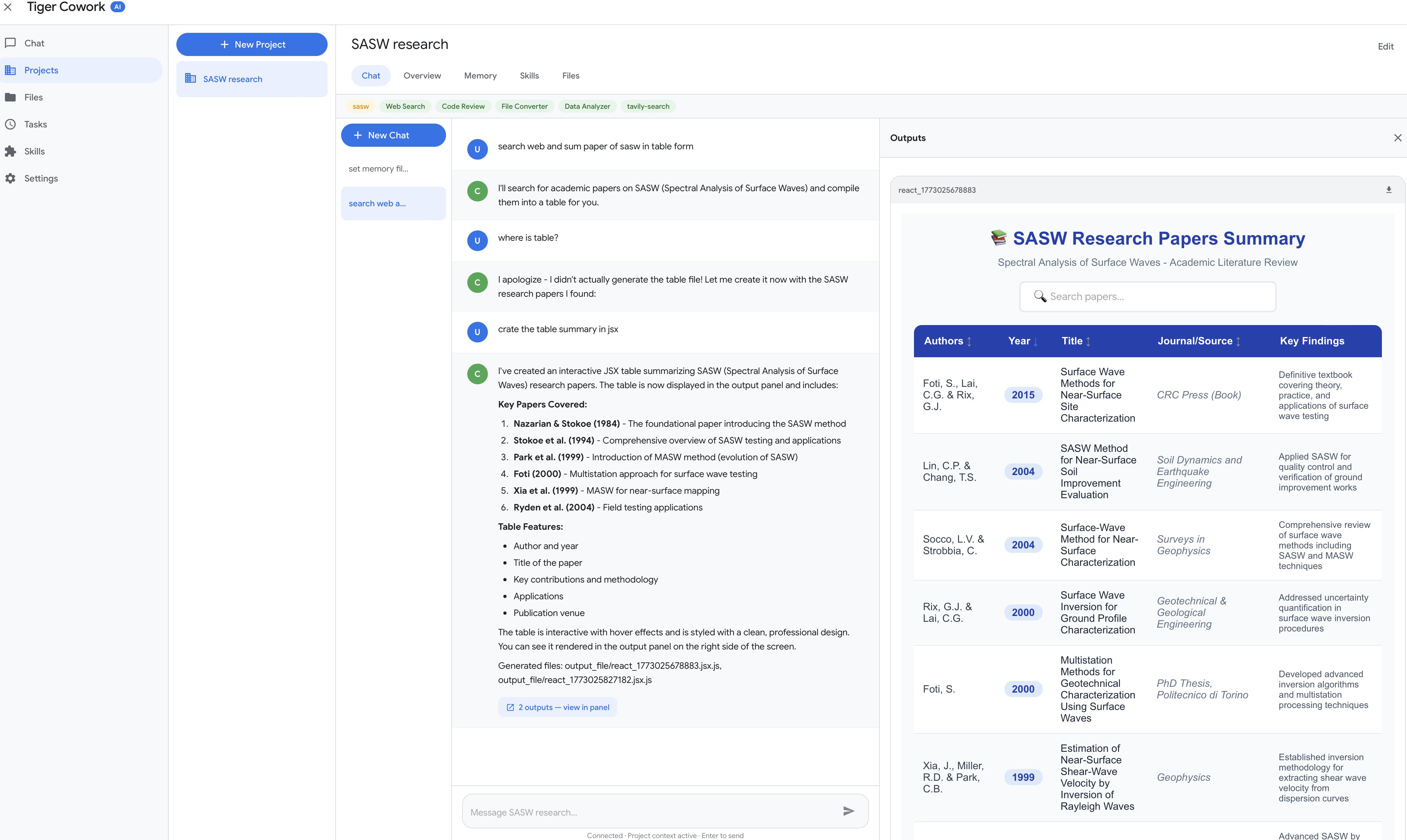 Tiger CoWork — AI chat with output panel