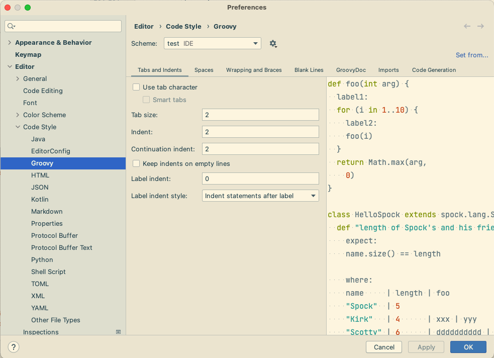 Intellij Groovy code style