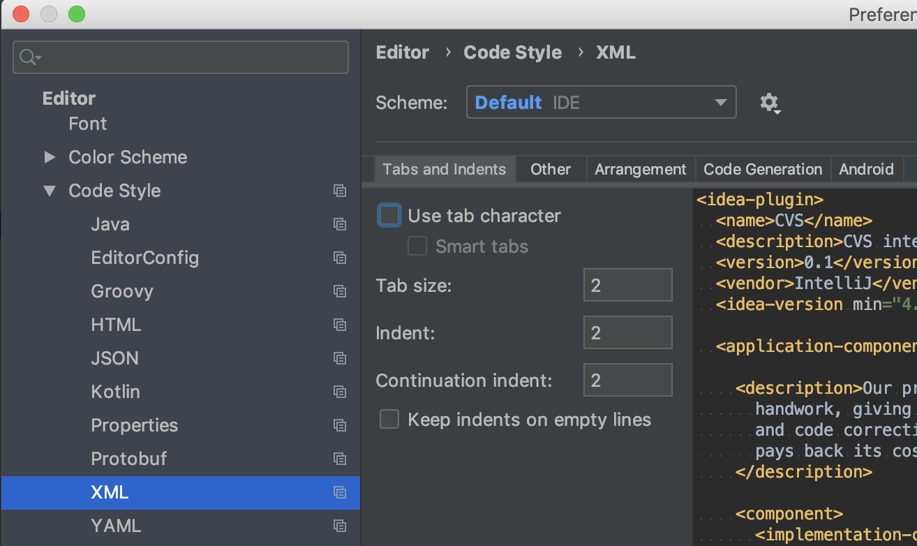 Intellij XML code style other