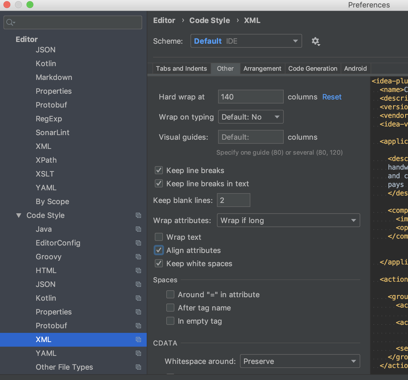 Intellij XML code style other