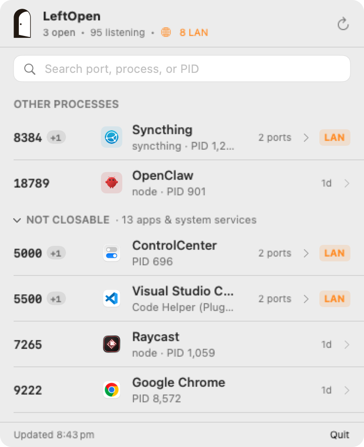 LeftOpen menu bar panel: closable ports first, apps and system services folded away