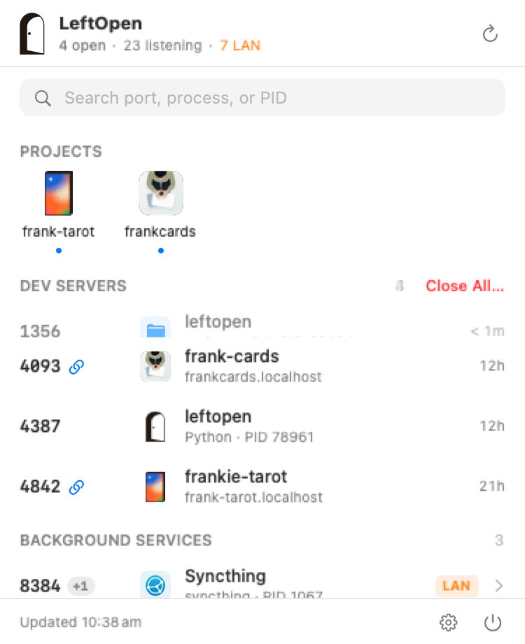 LeftOpen menu bar panel: closable ports first, apps and system services folded away