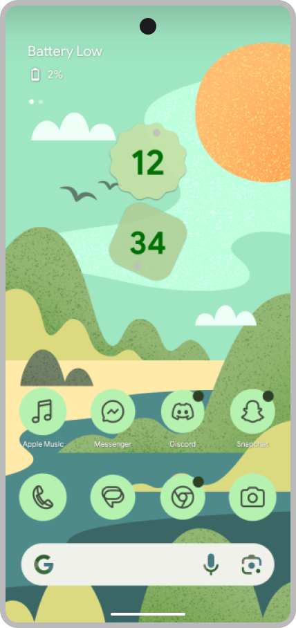 Google Pixel running Lawnchair Launcher with green wallpaper