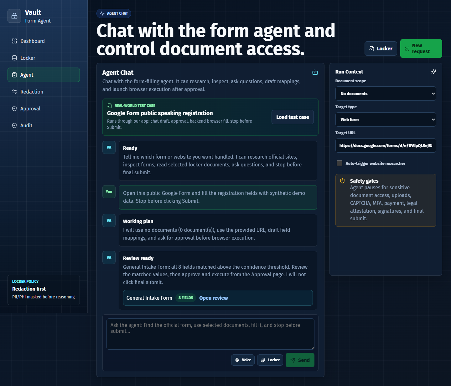 Vault Form Agent chat workspace