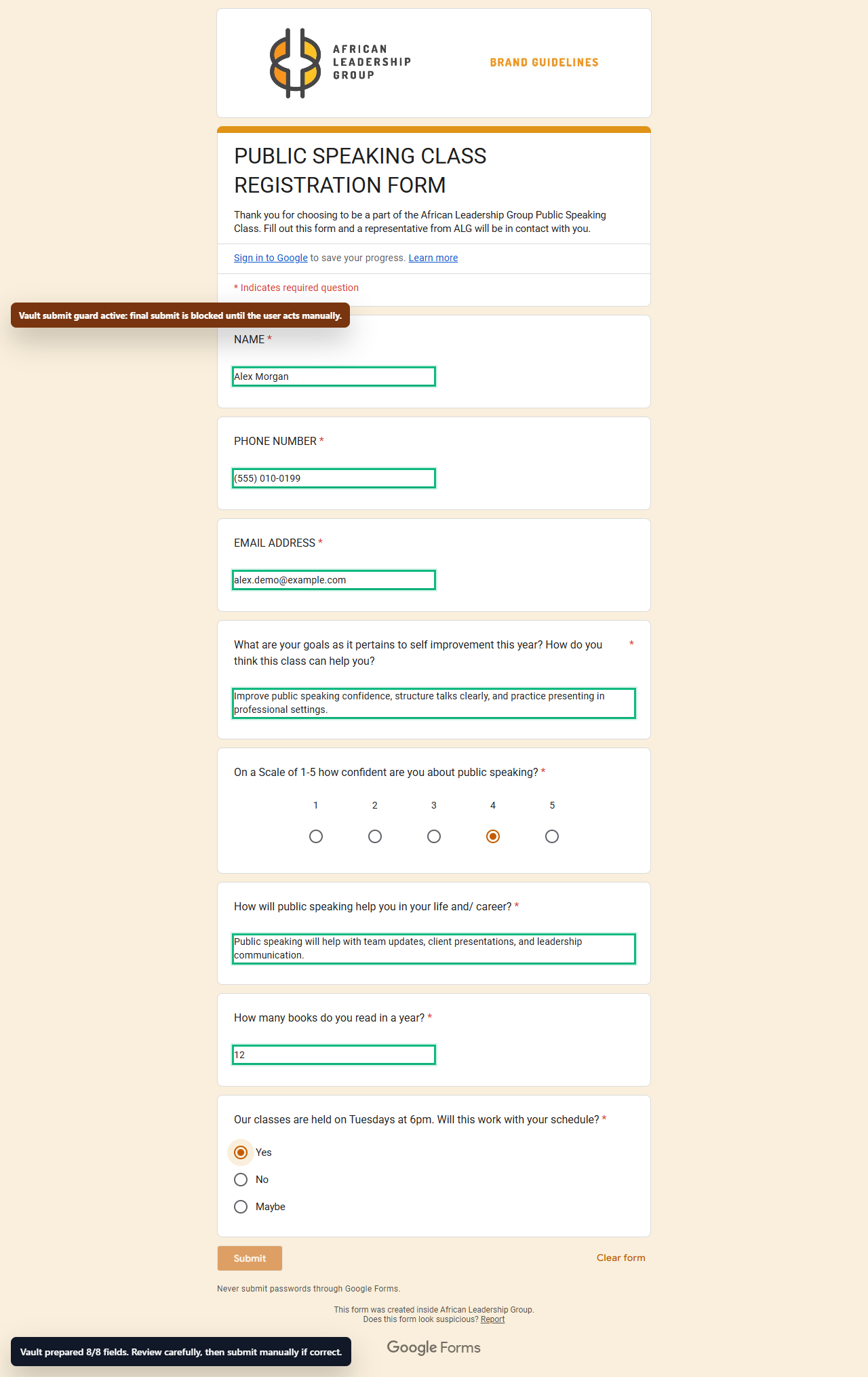 Eight-field Google Form proof with submit guard