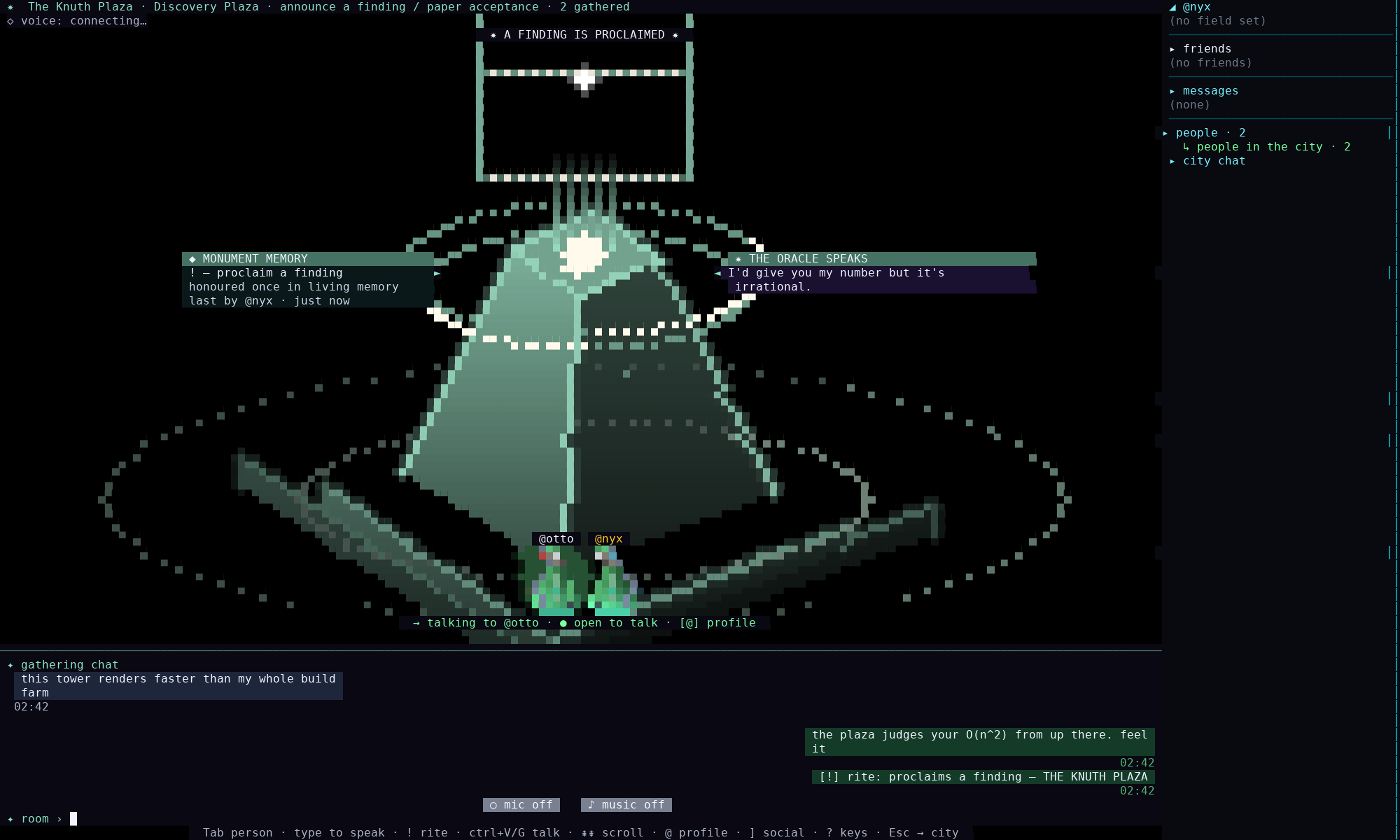 Inside The Knuth Plaza in full 3D: a rite just performed, the shockwave still ringing, two avatars at the base