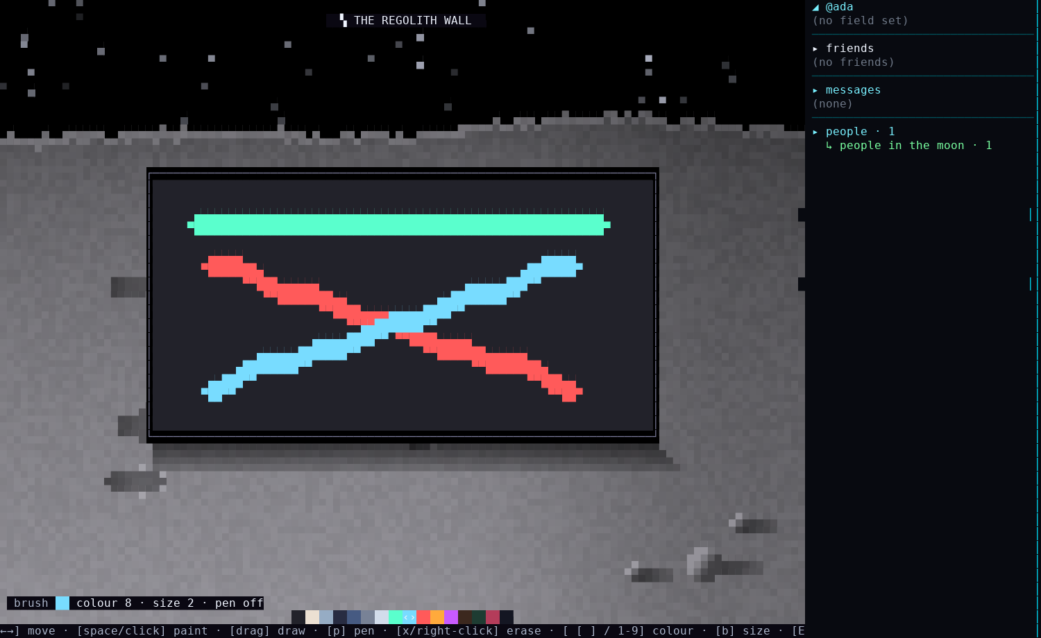 Painting The Regolith Wall: a colorful mural mid-progress, brush size and color picker at the bottom