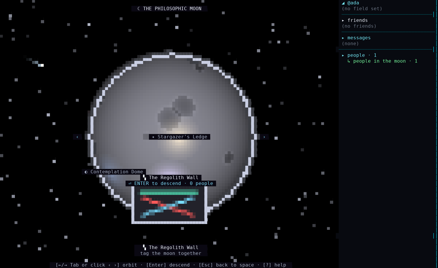 The moon overview: The Regolith Wall building shows the shared mural as a small thumbnail, visible from orbit