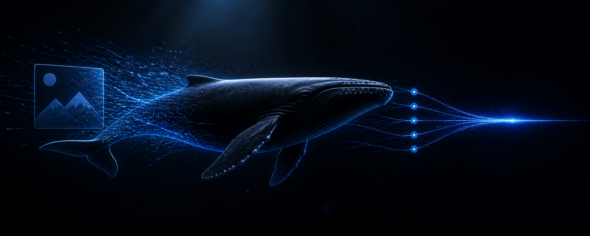 A black whale carrying image data through a four-model vision race into text