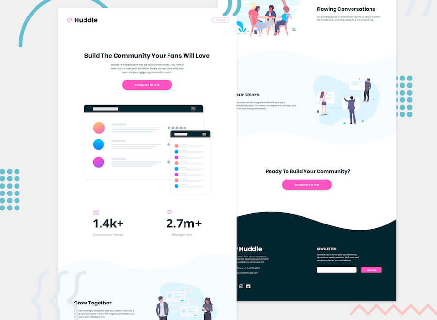 Header/intro section for the Huddle landing page with curved sections