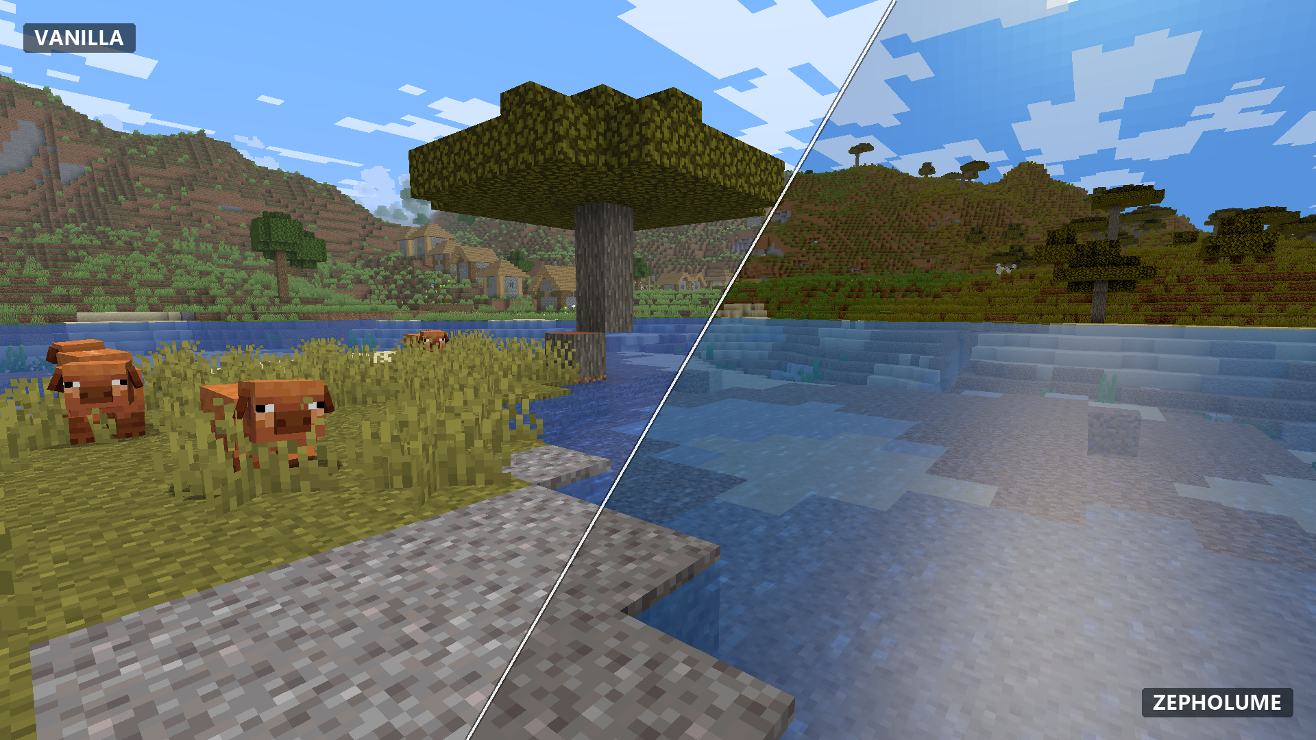 Vanilla Minecraft compared with Zepholume Shaders — comparison 01