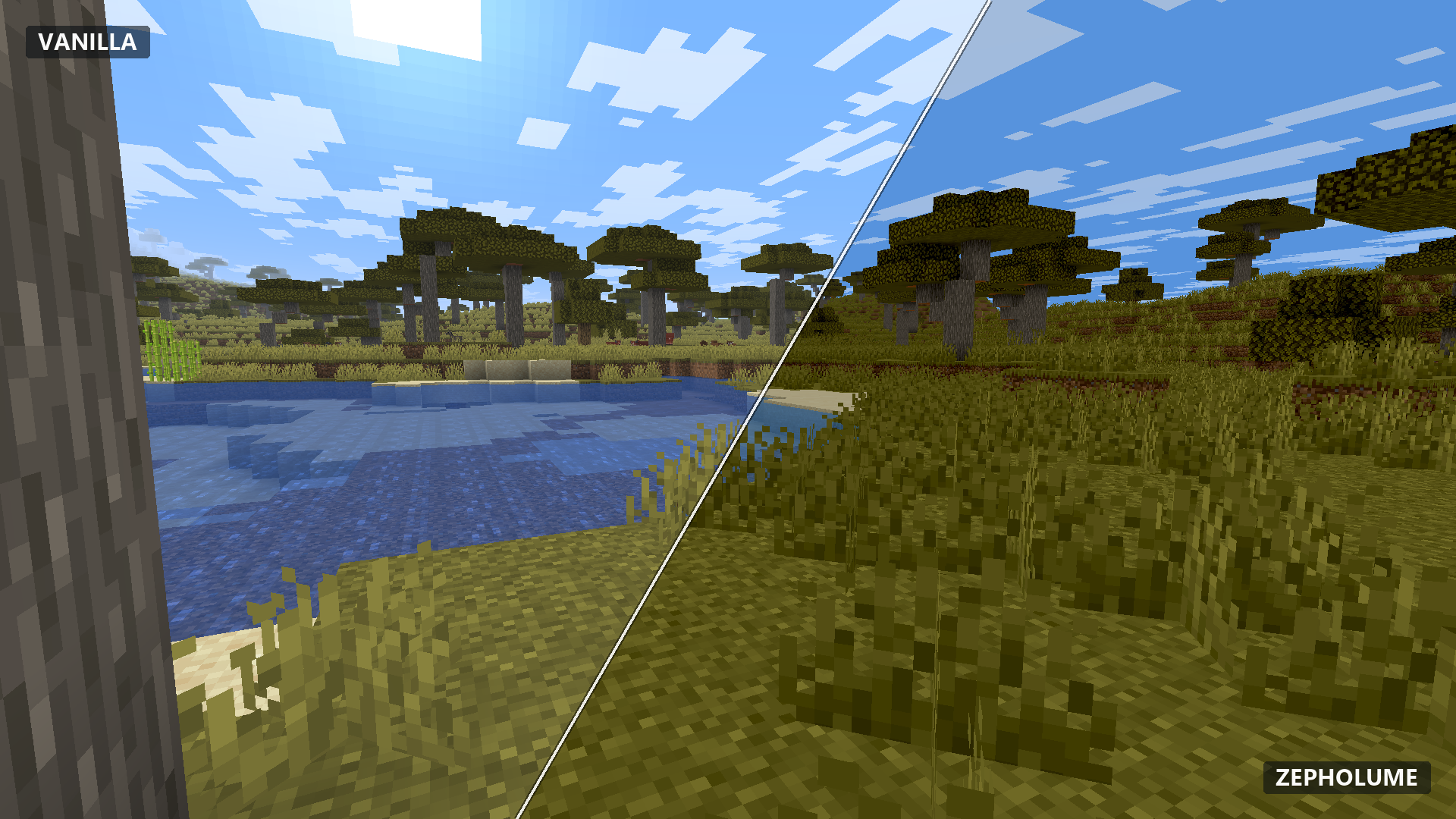 Vanilla Minecraft compared with Zepholume Shaders — comparison 02