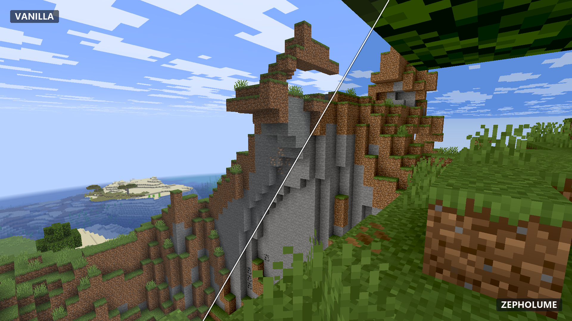 Vanilla Minecraft compared with Zepholume Shaders — comparison 03