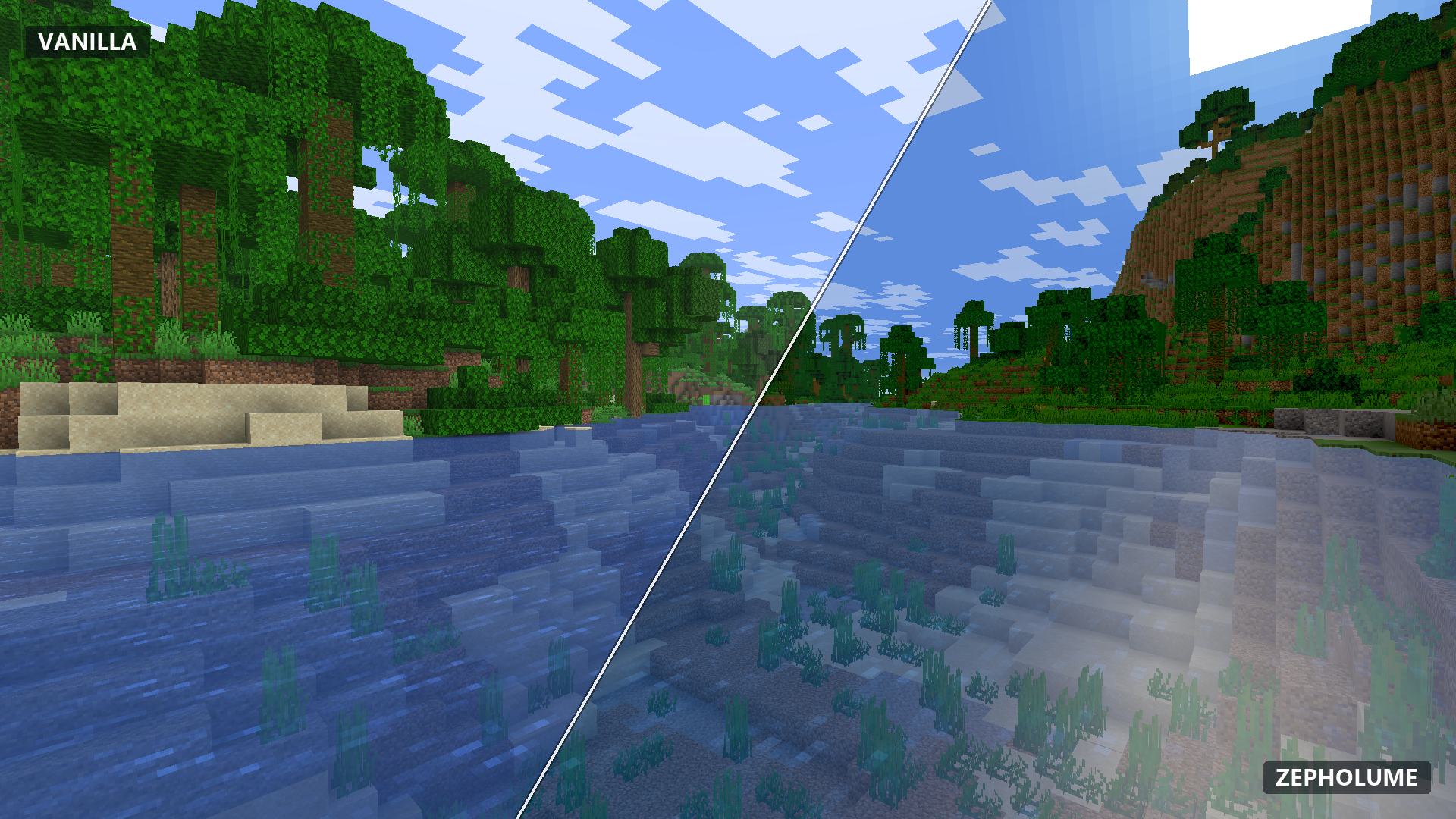 Vanilla Minecraft compared with Zepholume Shaders — comparison 04