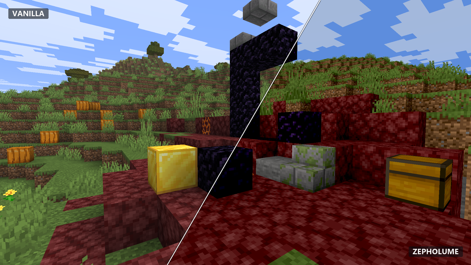 Vanilla Minecraft compared with Zepholume Shaders — comparison 06