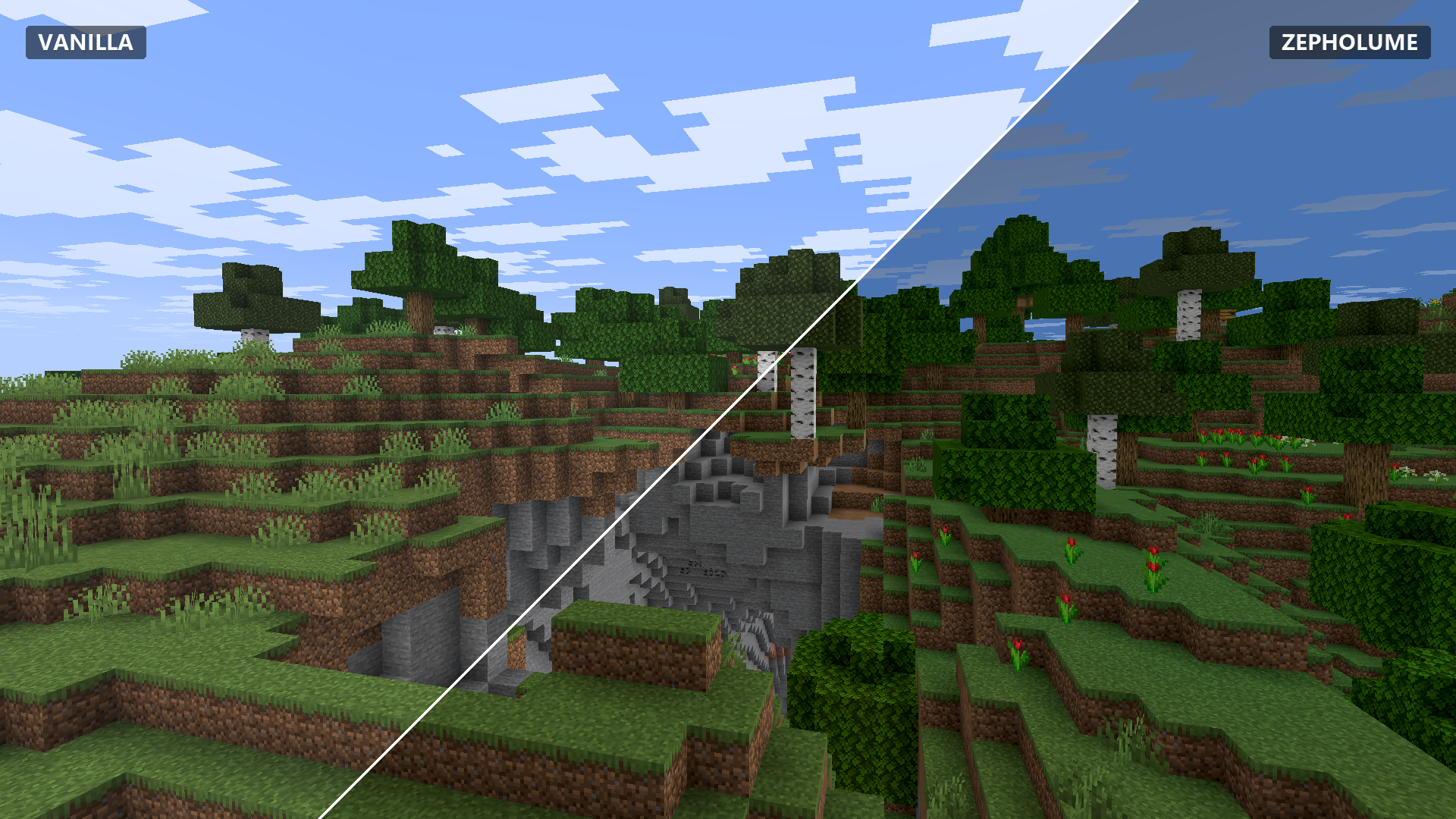 Minecraft Vanilla vs Zepholume Shaders - Cave Entrance