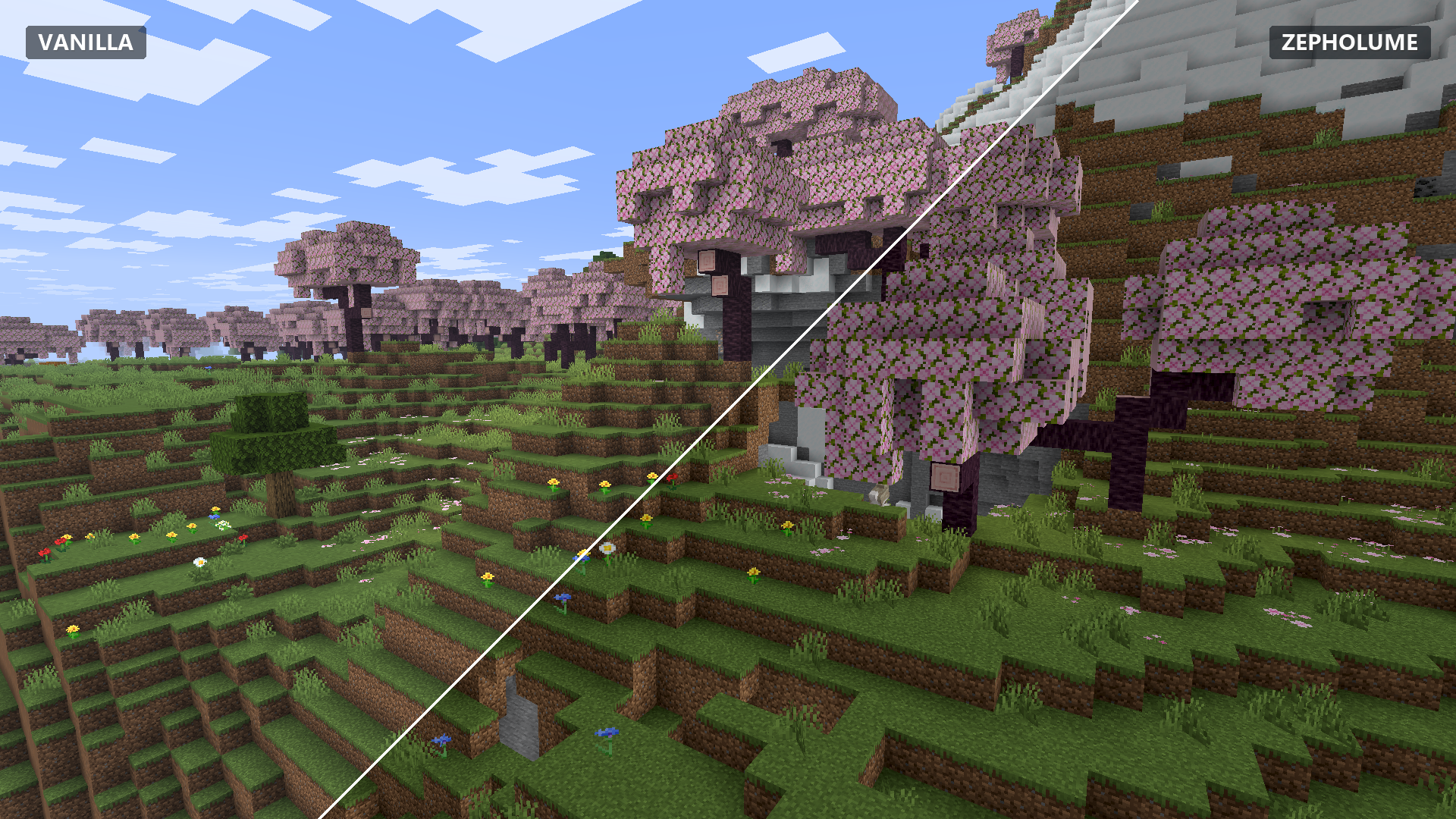 Minecraft Vanilla vs Zepholume Shaders - Cherry Hillside