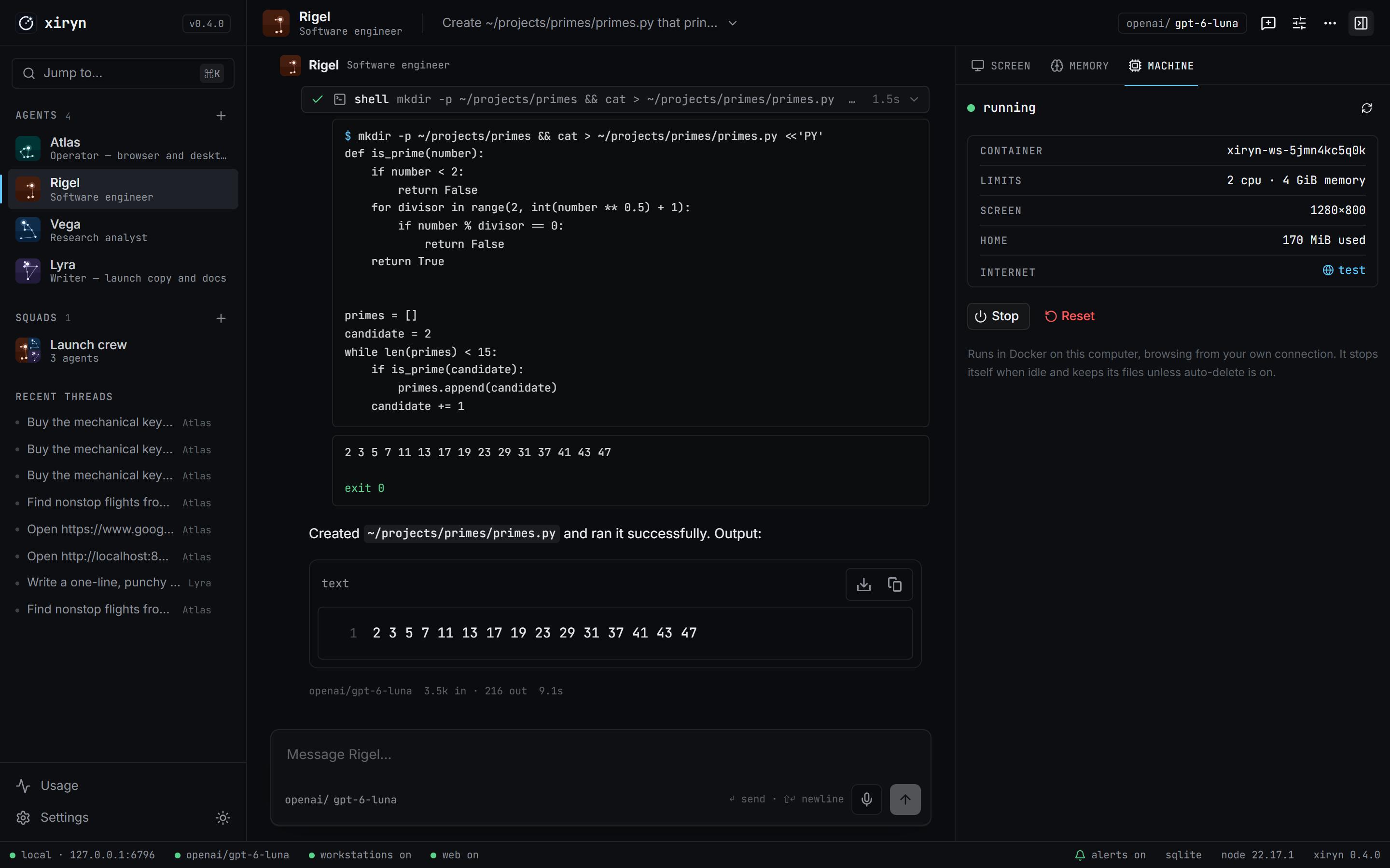 An engineer agent writes and runs a Python script; the Machine tab shows its Docker workstation