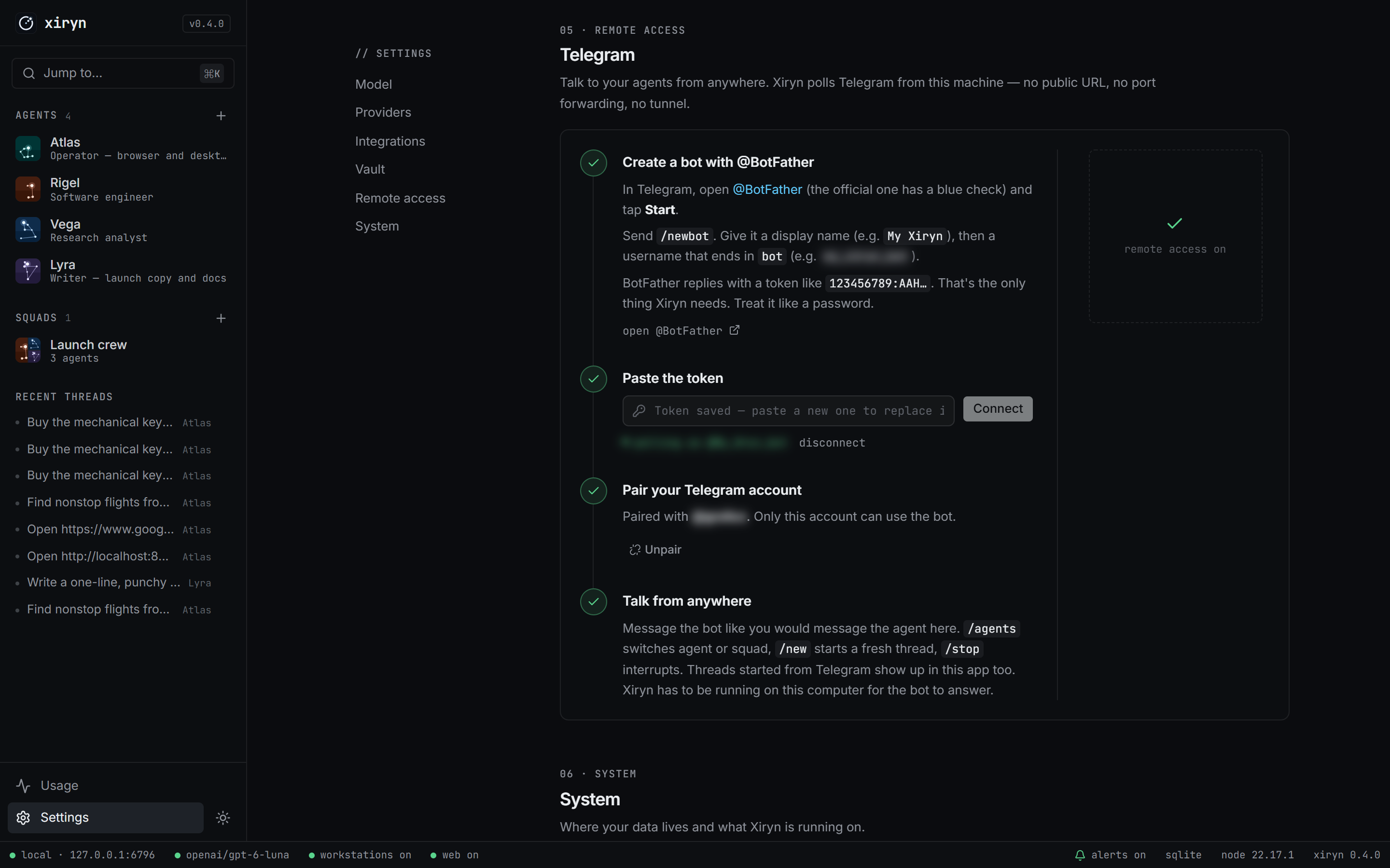 Telegram remote access setup in Settings