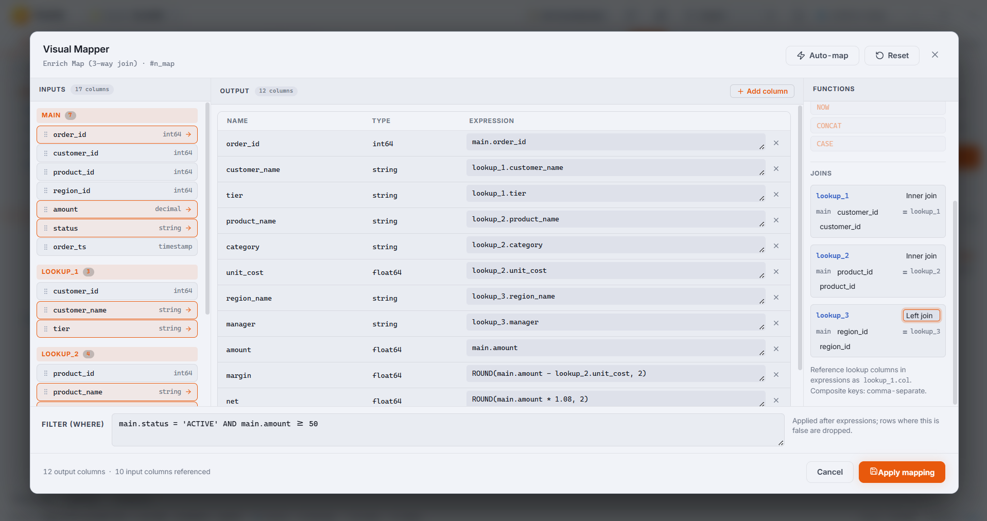 The visual Map editor showing a main input, two lookups, per-output expressions, and an inline filter