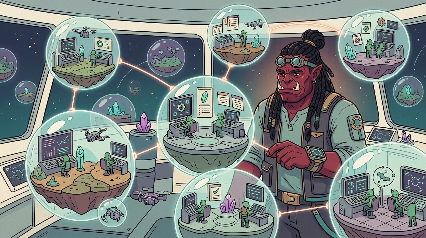 An ork operator on a starship bridge overseeing many isolated workstreams, each a self-contained environment running its own crew.