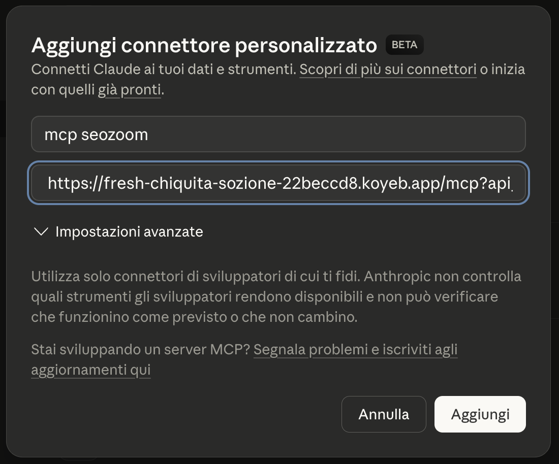 Claude Desktop - Aggiungi connettore personalizzato